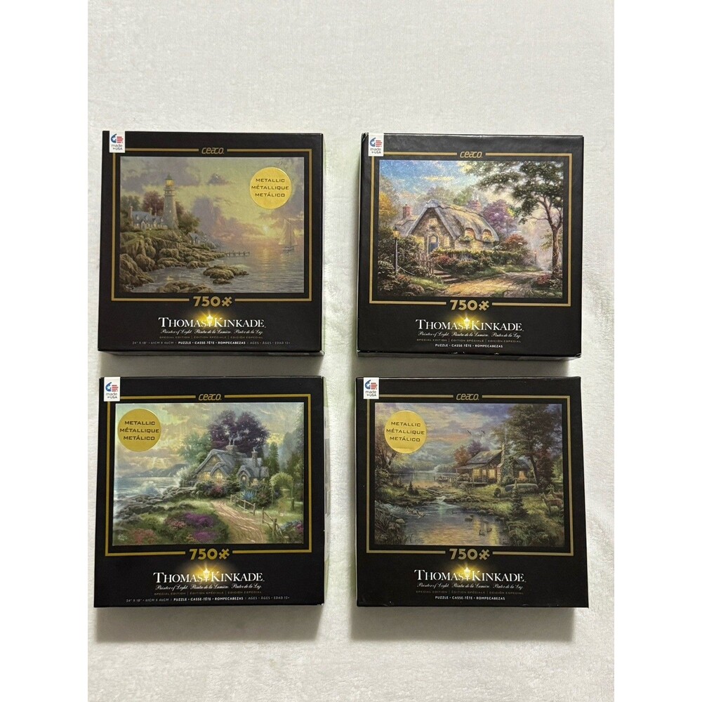 Thomas Kinkade 750 Piece Puzzle Metallic Lot of 4 Puzzles Lighthouse Cottage